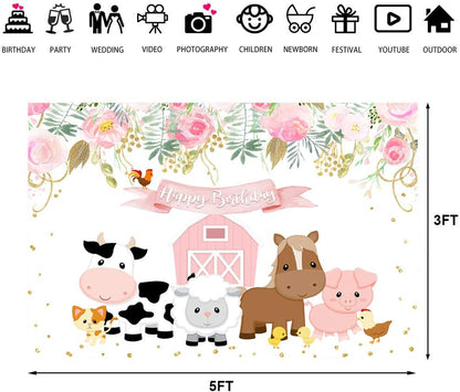 Pink Farm Animals Birthday Backdrop Little Princess Birthday Barnyard Theme Background Cute Farmhouse Flower Girls Birthday Newborn Baby Party Decorations Cake Table Banner 5X3Ft