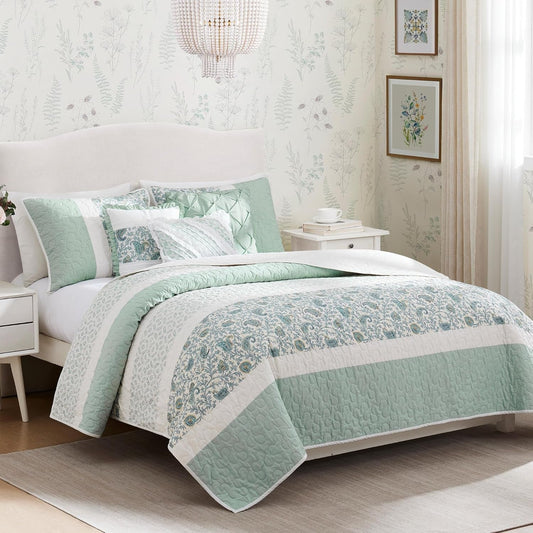 100% Cotton Quilt Set Floral Print, Double Sided Stitching, All Season, Lightweight Coverlet Shabby Chic Bedding Layer, Matching Shams, King/Cal King, Light Teal 6 Piece , Aqua