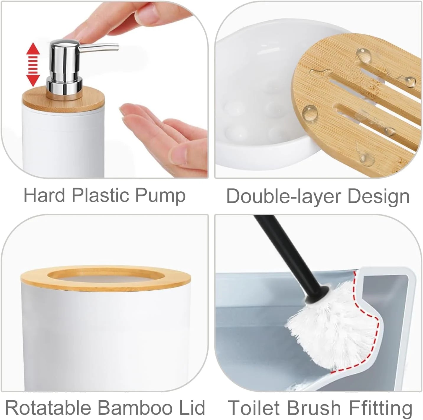 Bamboo Bathroom Accessory Set, 6 Pieces Bath Set- Soap Dish Toothbrush Holder Rinse Cup Lotion Bottle Trash Can Toilet Brush - Practical Toilet Kit for Home Washing Room，White