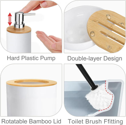 Bamboo Bathroom Accessory Set, 6 Pieces Bath Set- Soap Dish Toothbrush Holder Rinse Cup Lotion Bottle Trash Can Toilet Brush - Practical Toilet Kit for Home Washing Room，White