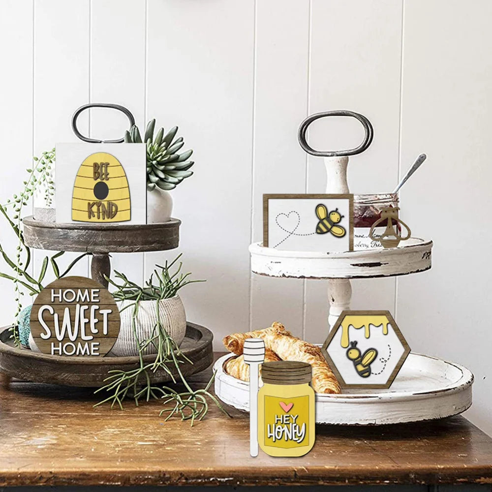Set of 12 Bee Wooden Sign Tiered Tray Decor , Bumble Bee Wood Block Spring Summer Farmhouse Bee Home Kitchen Decor Self-Standing Display for Tray, Mantel, Bar, Shelf