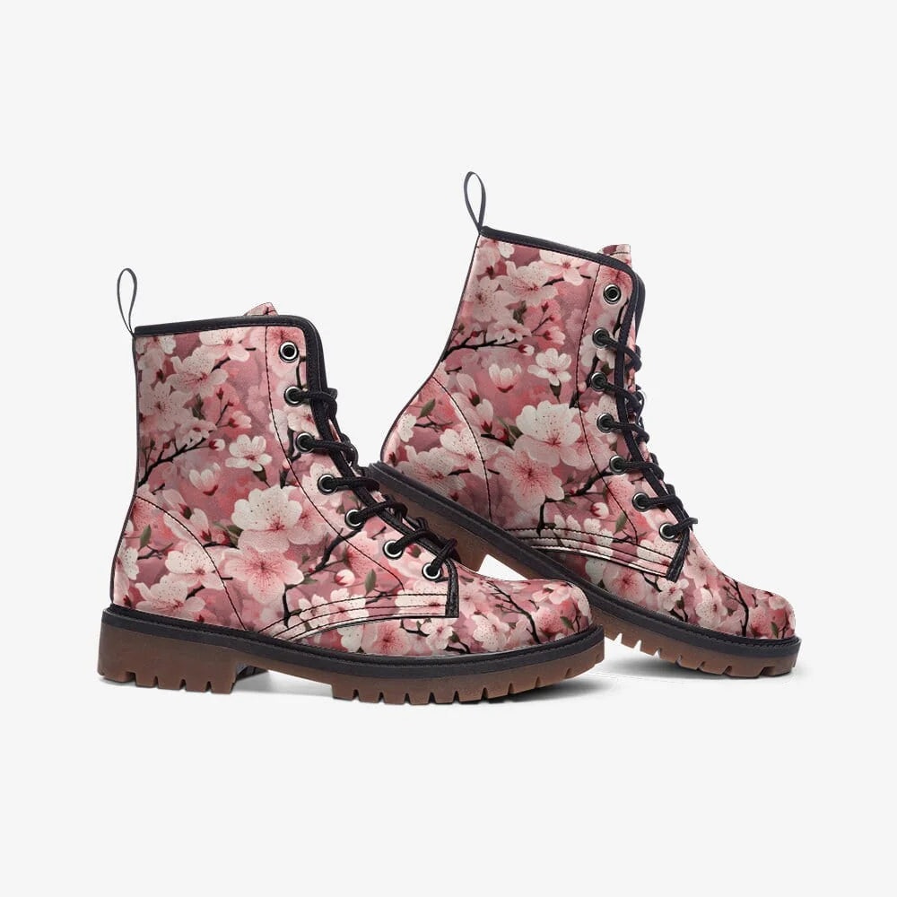 Emerald Blossoms - Pink Pastel Cherry Blossom Vegan Leather Festival Boots Combat Boots for Hippies