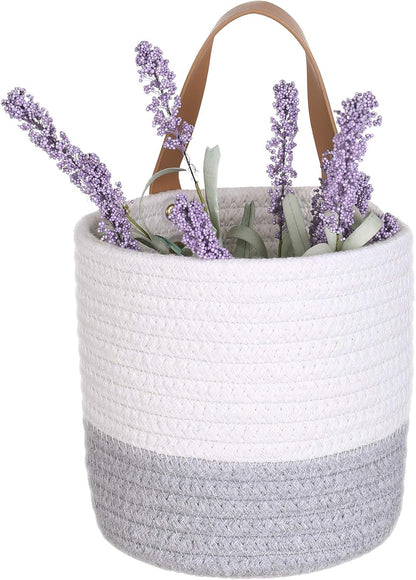 2Pack Small Hanging Basket-Cotton Rope Wall Basket with Handle, Hanging Storage Baskets, Shelf Baskets Storage Bin Closet Organizer 6"×6.3", Woven Plant Basket - (White & Grey)