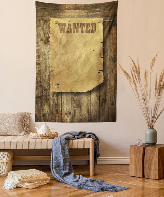 Western Tapestry Twin Size, Old Wooden Texture Background with Vintage Wanted Poster Sign Wild West Print, Wall Hanging Bedspread Bed Cover Wall Decor, 68" X 88", Caramel Brown