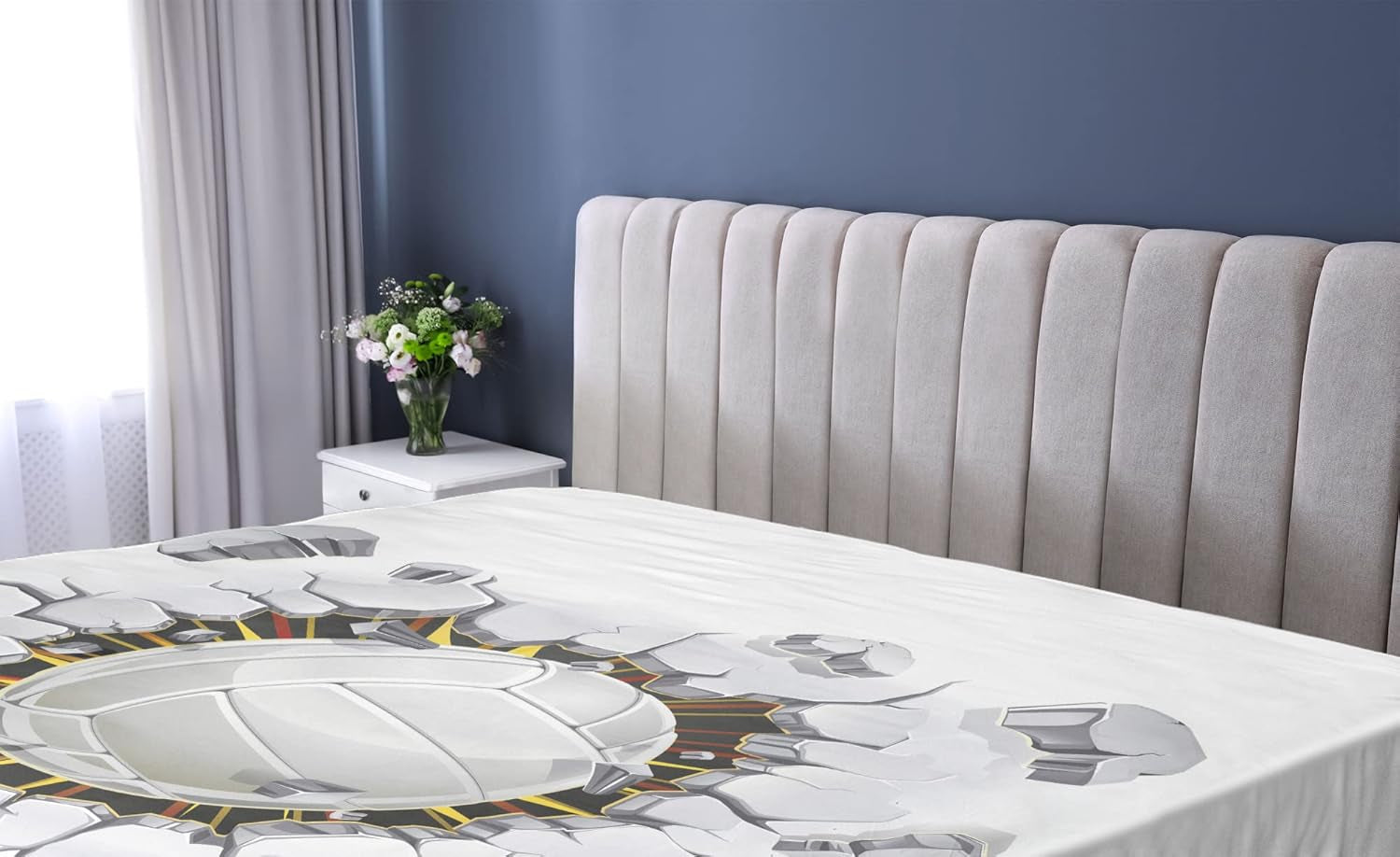 Volleyball Fitted Sheet, Ball Crushing the Wall Power Illustration Grunge Design Team Sports, Bed Cover with All-Round Elastic Deep Pocket for Comfort, Queen Size, White Redwood Yellow