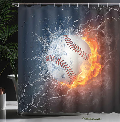 Sports Shower Curtain, Baseball Ball and Water Splashing Thunder Creative Art Themed Print, Cloth Fabric Bathroom Decor Set with Hooks, 69" W X 70" L, Blue and Burgundy