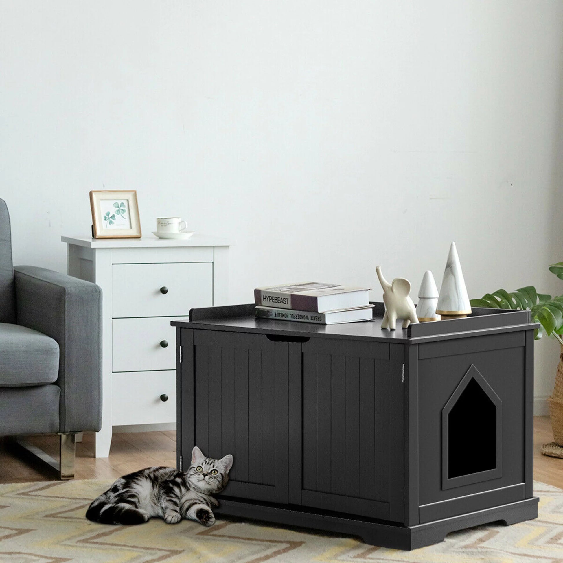 Cat Litter Box Side Table Washroom Storage Bench Wooden Enclosure Pet House Black
