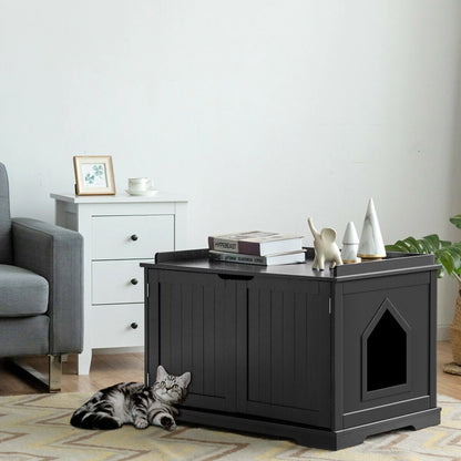 Cat Litter Box Side Table Washroom Storage Bench Wooden Enclosure Pet House Black