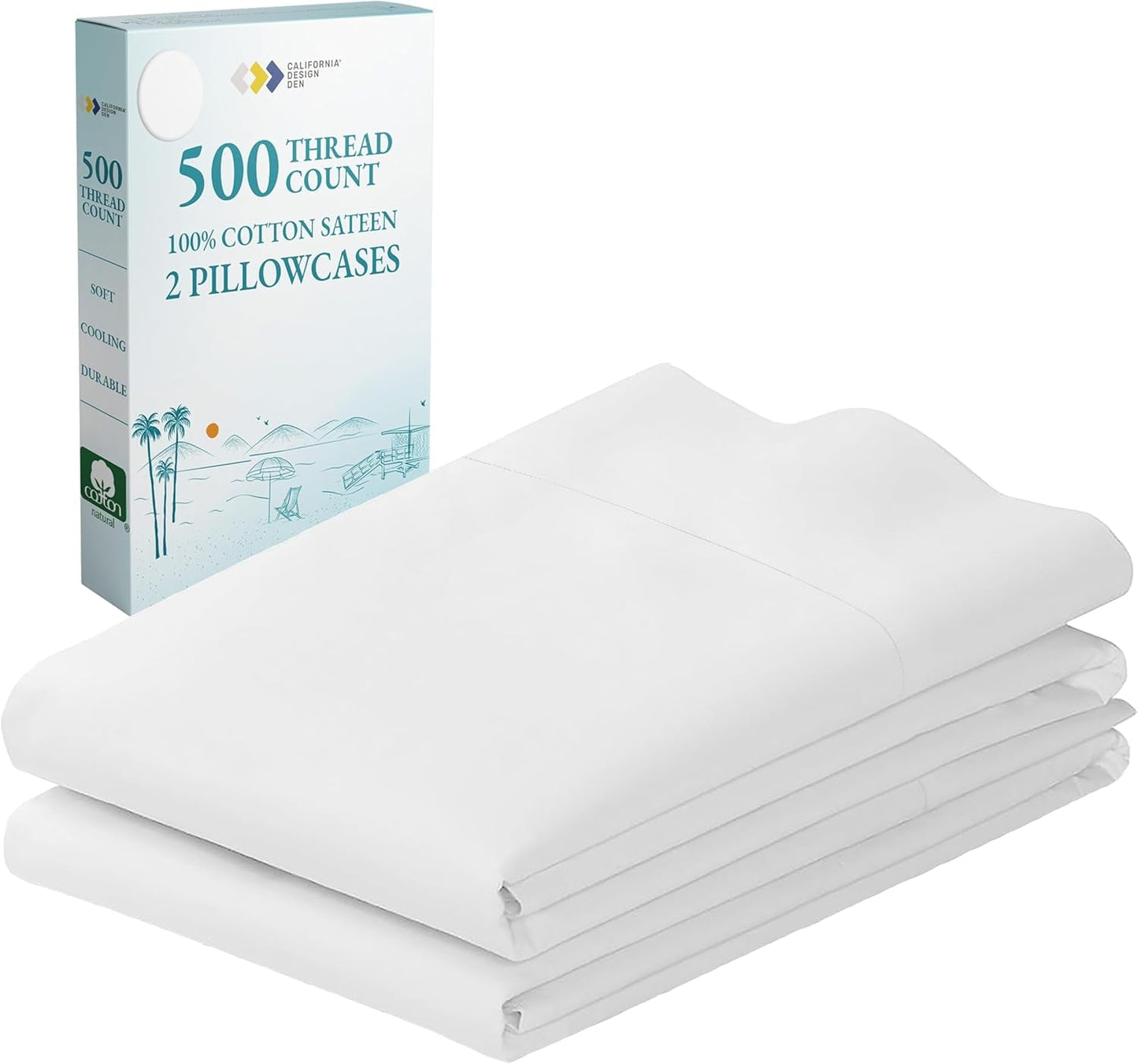 Soft & Silky 500 Thread Count 100% Cotton Is Cool & Smooth, White Pillowcases Queen Size Fits Standard & Queen Pillows (Pure White)