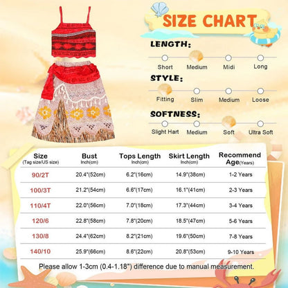 Princess Moana Costume for Girls Adventure Outfit Two-Pieces Crop Top Skirt Set Birthday Party Clothes