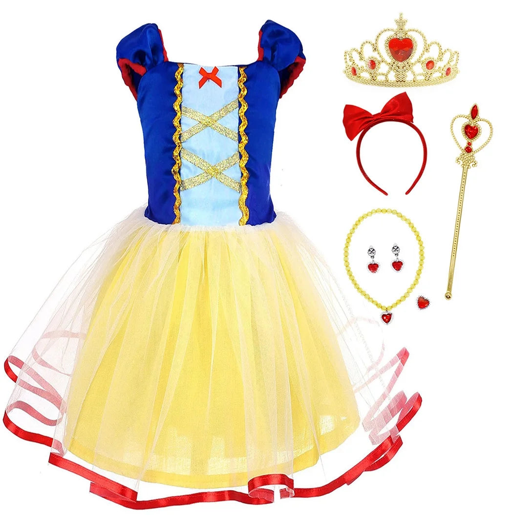 Girls Snow White Princess Dress up Kids Birthday Party Snow White Costume Toddler Tulle Skirt with Accessories Yellow 120 CM 5-6 Years