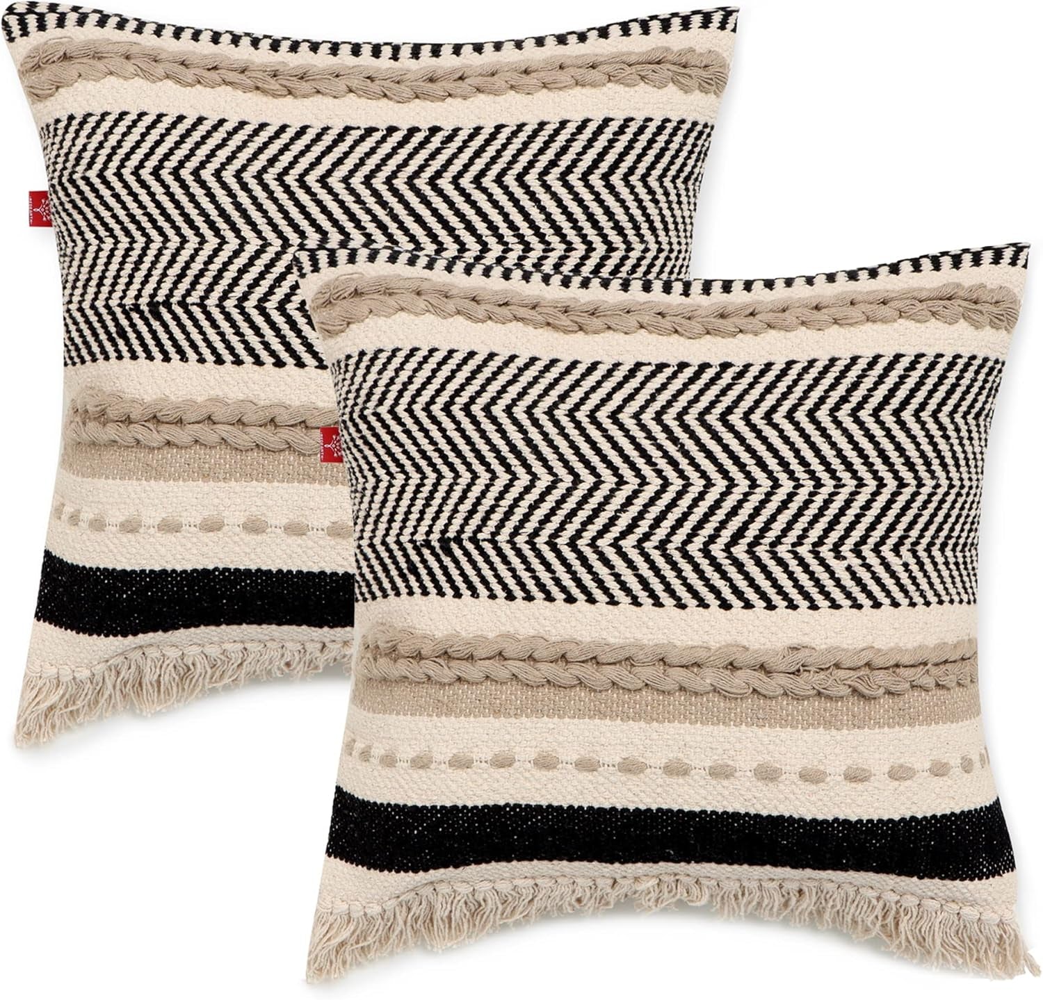 · Handmade Boho Throw Pillow Covers - Bohemian Chic Farmhouse Style - Accent Woven Indoor and Outdoor Pillow Cushion Cases for Couch, Bed, Chair, Sofa, Bench – Set of 2-18"X18" - Natural
