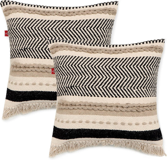 · Handmade Boho Throw Pillow Covers - Bohemian Chic Farmhouse Style - Accent Woven Indoor and Outdoor Pillow Cushion Cases for Couch, Bed, Chair, Sofa, Bench – Set of 2-18"X18" - Natural