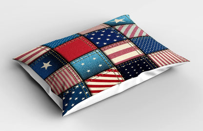 United States Pillow Sham, American Flag Patchwork with Vertical and Horizontal Stripe and Star Forms, Decorative Standard Size Printed Pillowcase, 26" X 20", Red Blue