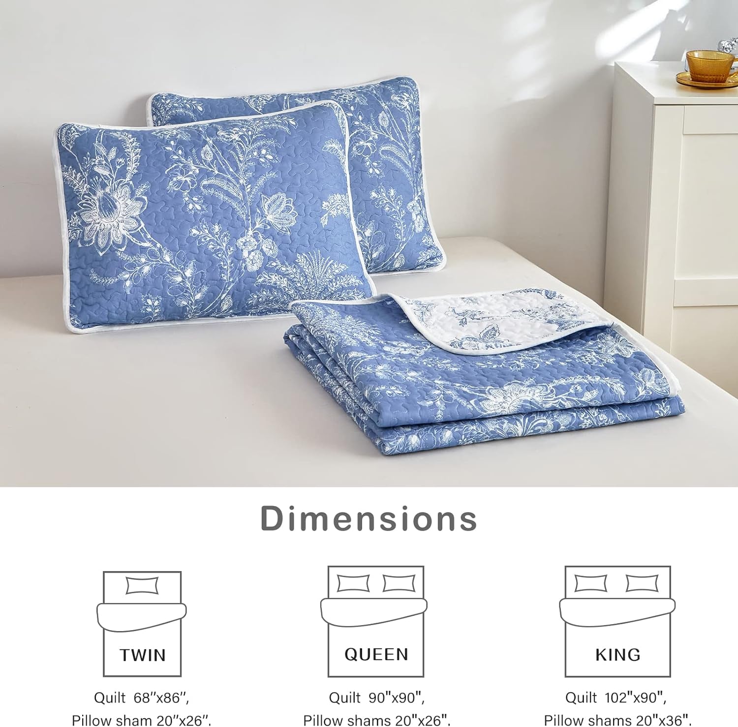 Reversible Quilt Set Twin Size, 2 Pieces White Blue Botanical Floral Printed Summer Bedding Set, Soft Microfiber Lightweight Bedspread/Coverlet for All Season - 68"X86"