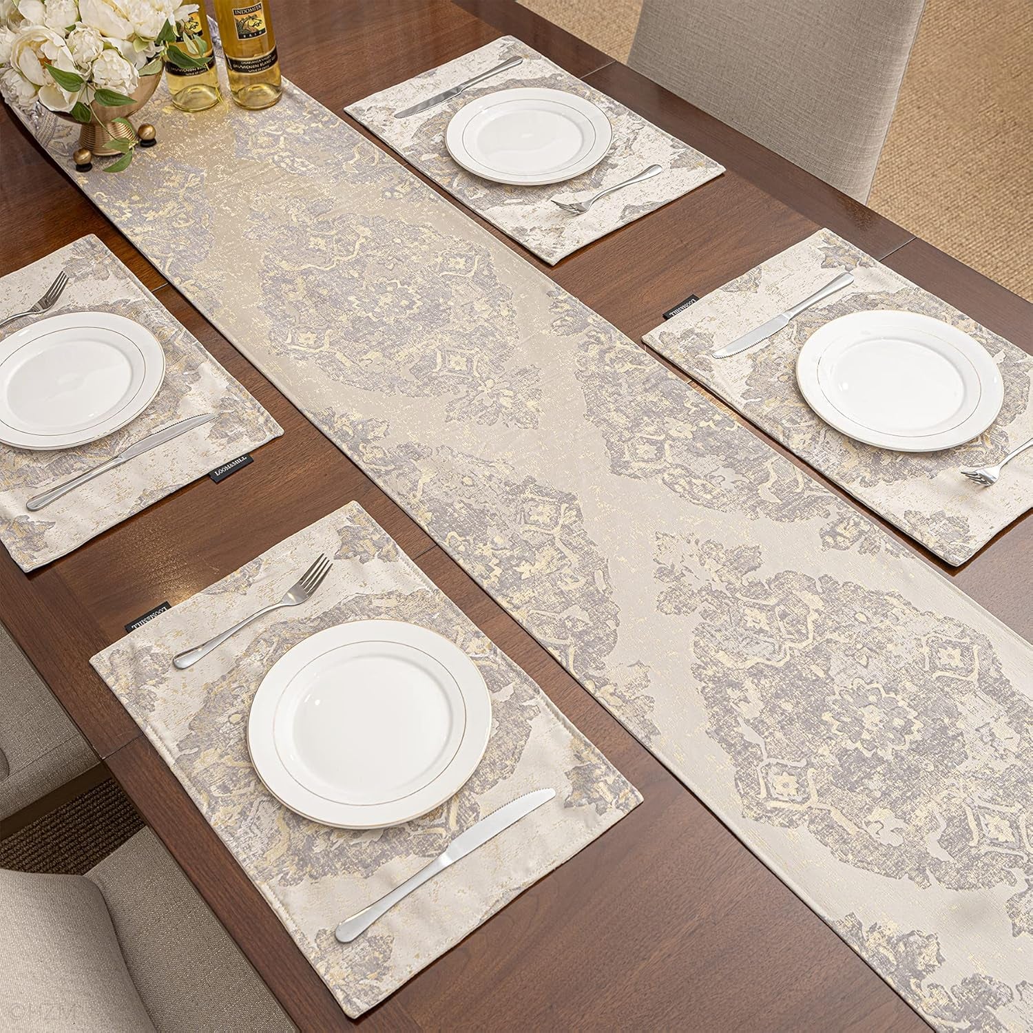 Luxury Table Runner 90 Inches Long, Elegant Damask Jacquard Table Runners with Handmade Multi-Tassels for Dining Room Dresser Party Holiday Banquet Decoration(Beige, 13X90 Inch)