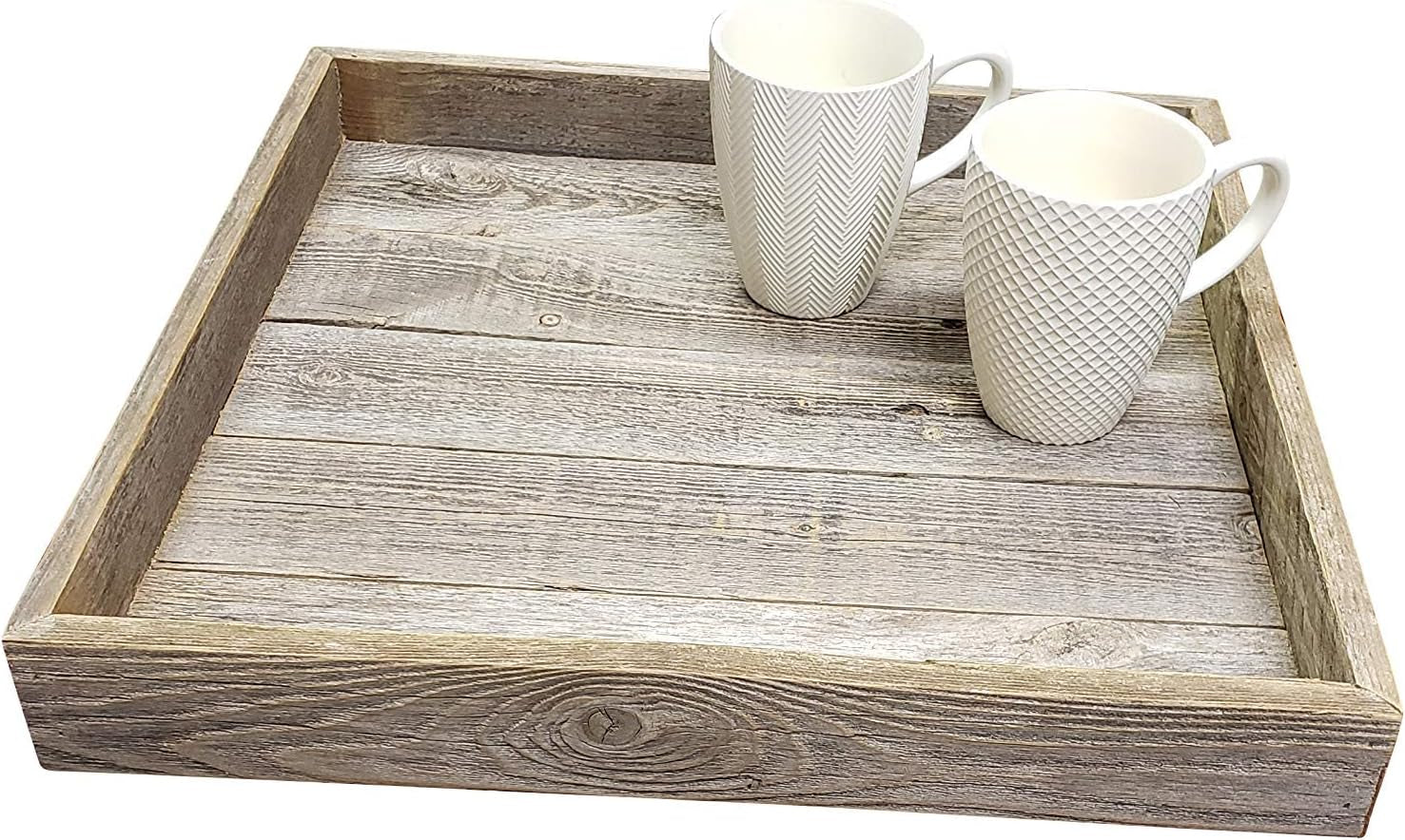 Farmhouse Rustic Weathered Reclaimed Wood 18 X 18 Inch Square Ottoman Tray for Coffee Table or Kitchen Counter Decor