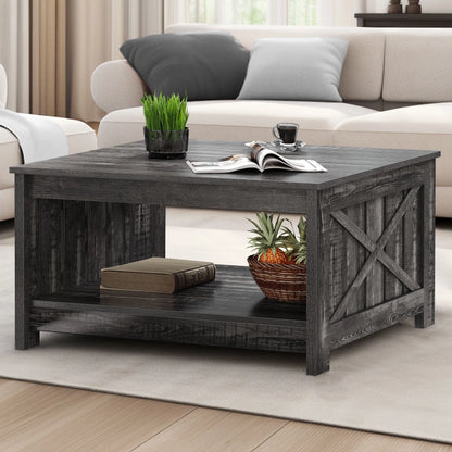 Coffee Table, Square Coffee Table, Farmhouse Coffee Table with Half Open Storage Compartment for Living Room, Rustic Gray