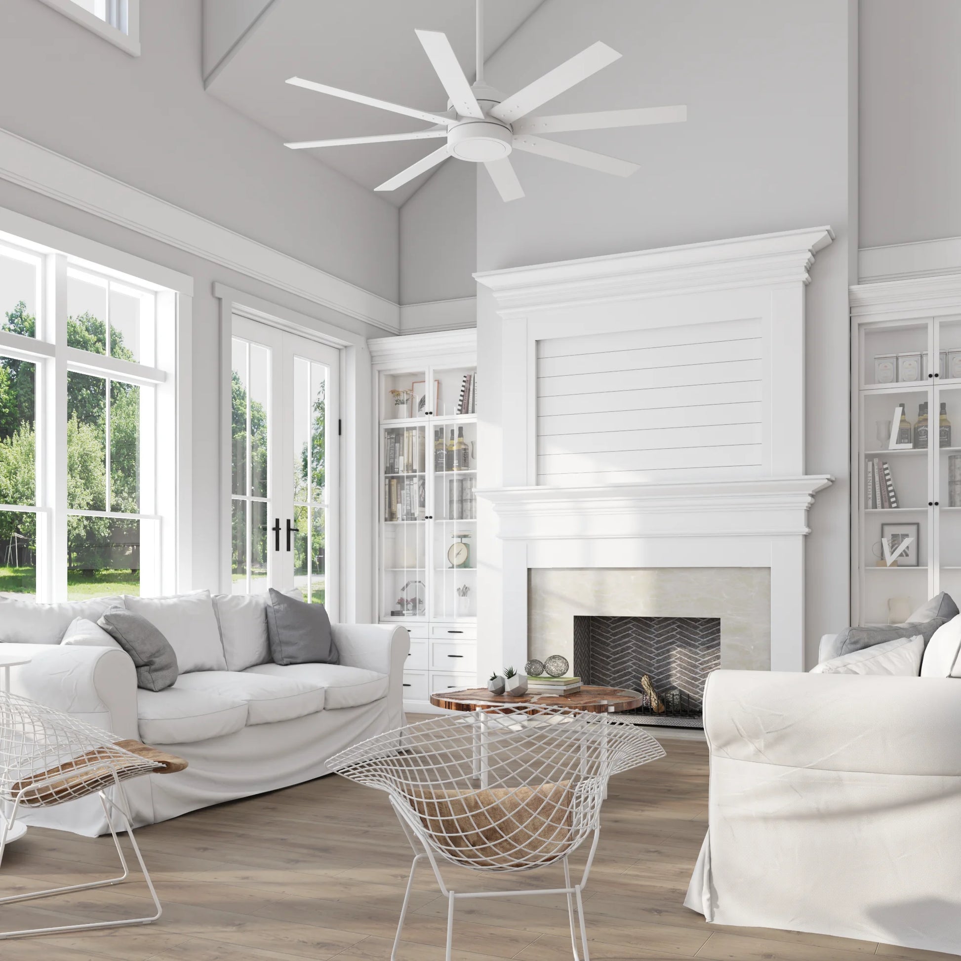 62" White Large Room Indoor Ceiling Fan with Light, 8 Blades, Remote & Reverse Airflow