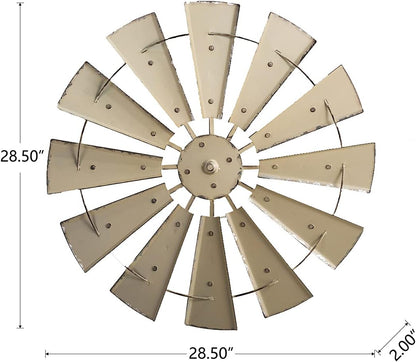 28" Farmhouse Galvanized Windmill Wall Sculpture Home Decor Rustic Metal Rustic Wall Art Decoration, Beige