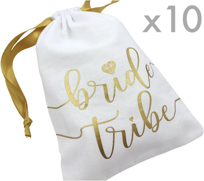10Pc Bride Tribe Drawstring Bags W/Satin Ribbon, 7X5” - Cotton Pouch for Bridesmaids, Bachelorette, Bridal Party, Bridal Shower, Wedding Favor, Survival Kit, Hangover Kit (10Pc Pack, White & Gold)