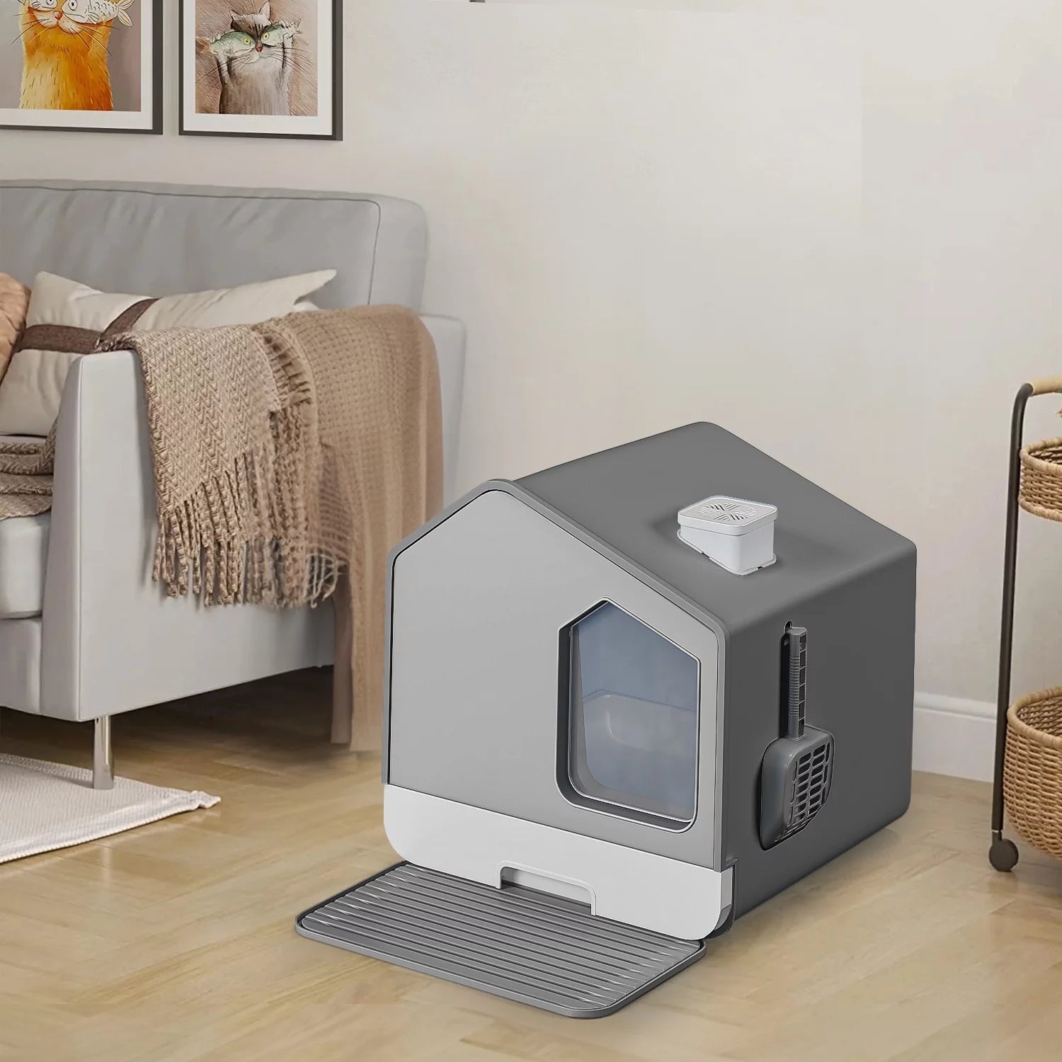 Extra Large Enclosed Cat Litter Box with Mat and Scoop,Odor-Free Enclosed Hooded Large Cat Toilet, No Assembly Required and Easy Cleaning,Gray