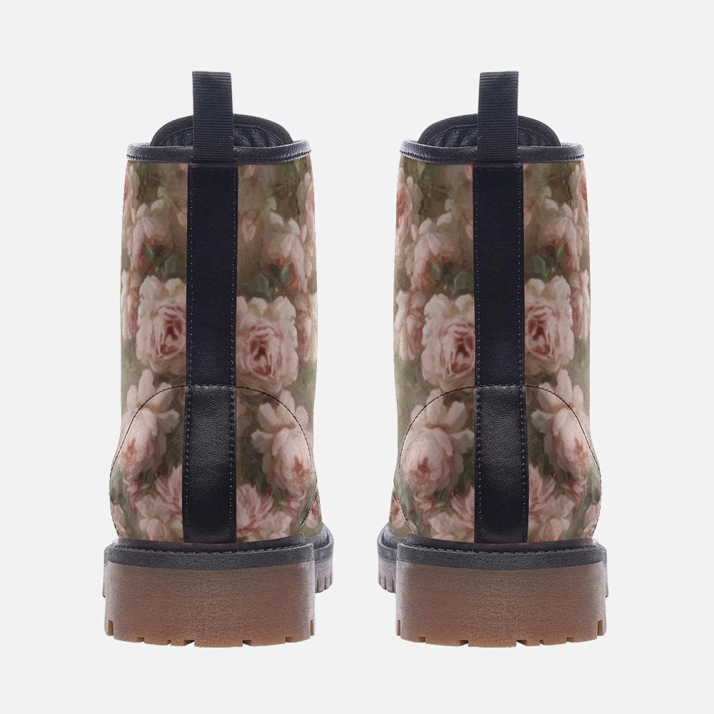 Emerald Blossoms - Pink Painted Roses Casual Leather Lightweight Boots for Hippies