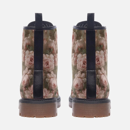 Emerald Blossoms - Pink Painted Roses Casual Leather Lightweight Boots for Hippies