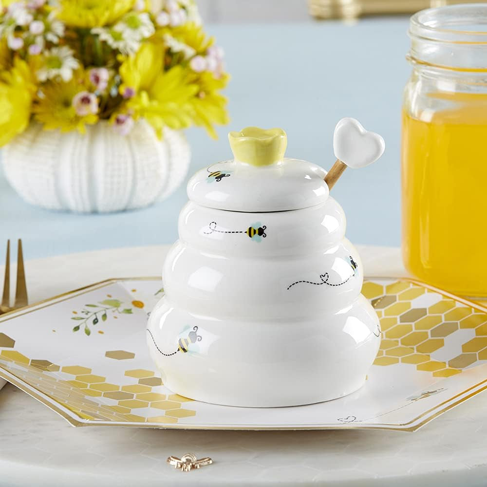 Sweet as Can Bee Ceramic Large Honey Pot with Wooden Honey Dipper (10 Oz), Kitchen Decor, Bumblebee Baby Shower Prize, Take Home Gift, Bee Decorations