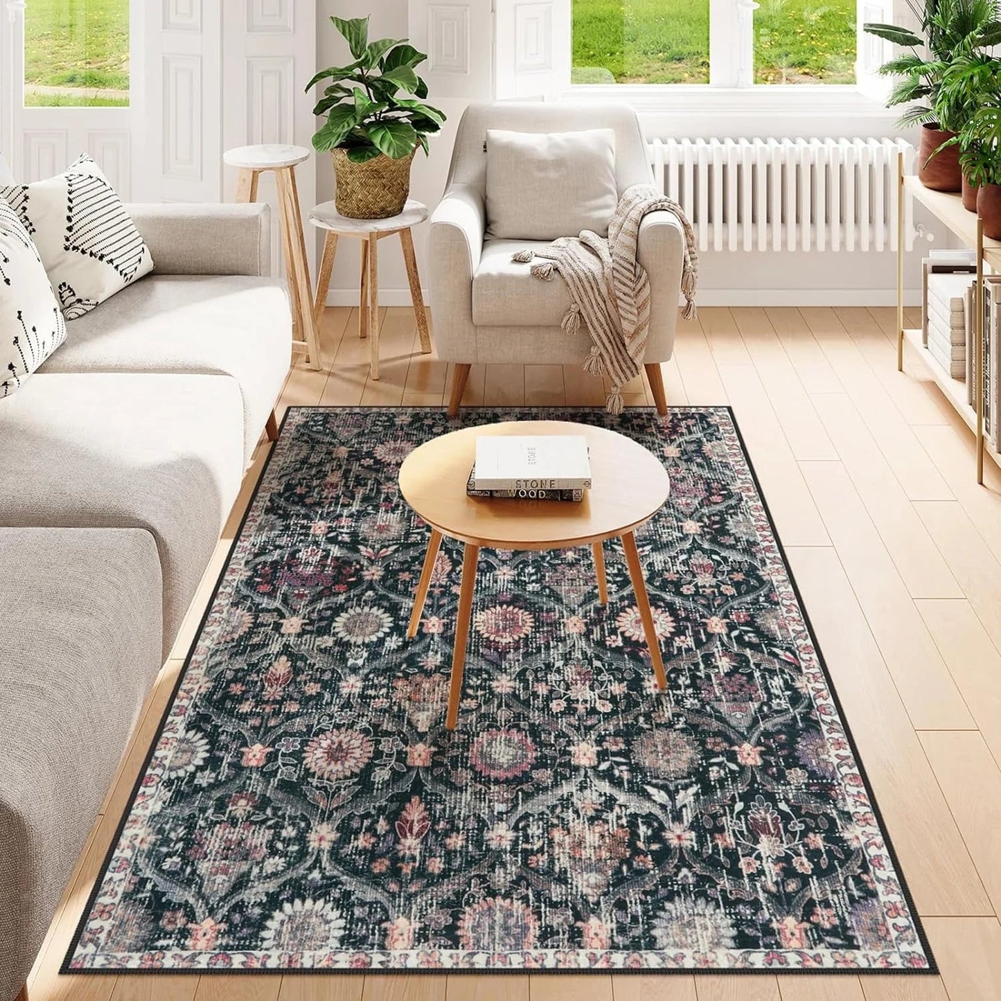 5'X7' Area Rug for Living Room Non-Slip Moroccan Indoor Washable Rug Ultra-Thin Foldable Soft Carpet Floral Accent Throw Rug for Kitchen Entryway Bathroom Bedroom Office Carpet,Grey