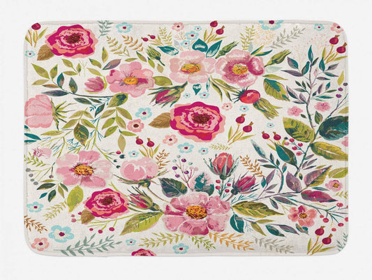 Floral Bath Mat, Shabby Form Flowers Roses Petals Dots Leaves Buds Spring Season Theme Image Art, Plush Bathroom Decor Mat with Non Slip Backing, 30.2" X 20", Rose
