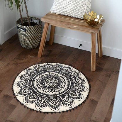 Small round Rug 2’ Boho Beige and Black Bathroom Rug with Pom Poms Fringe Washable Mandala Circle Shower Mat Soft Non-Slip Cute Circular Throw Rug for Sink Powder Room Kids Room Nursery