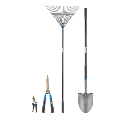 Garden Tool Starter Kit - Digging Shovel, Leaf Rake, Hedge Shears, 5/8" Bypass Hand Pruner