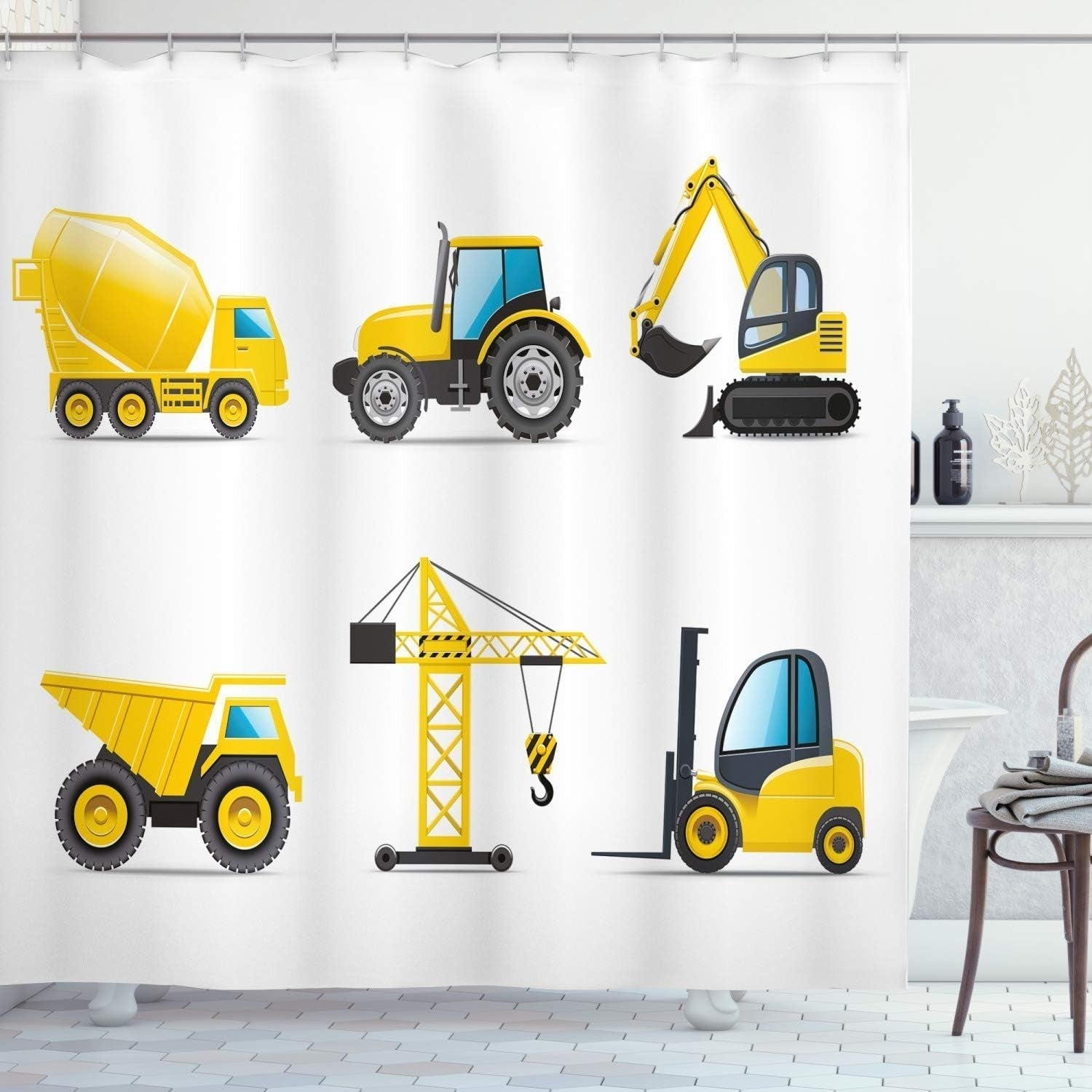 Cartoon Shower Curtain, Style Heavy Machinery Truck Crane Digger Mixer Tractor Construction, Cloth Fabric Bathroom Decor Set with Hooks, 69" W X 70" L, Yellow and Grey