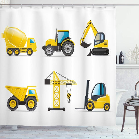 Cartoon Shower Curtain, Style Heavy Machinery Truck Crane Digger Mixer Tractor Construction, Cloth Fabric Bathroom Decor Set with Hooks, 69" W X 70" L, Yellow and Grey