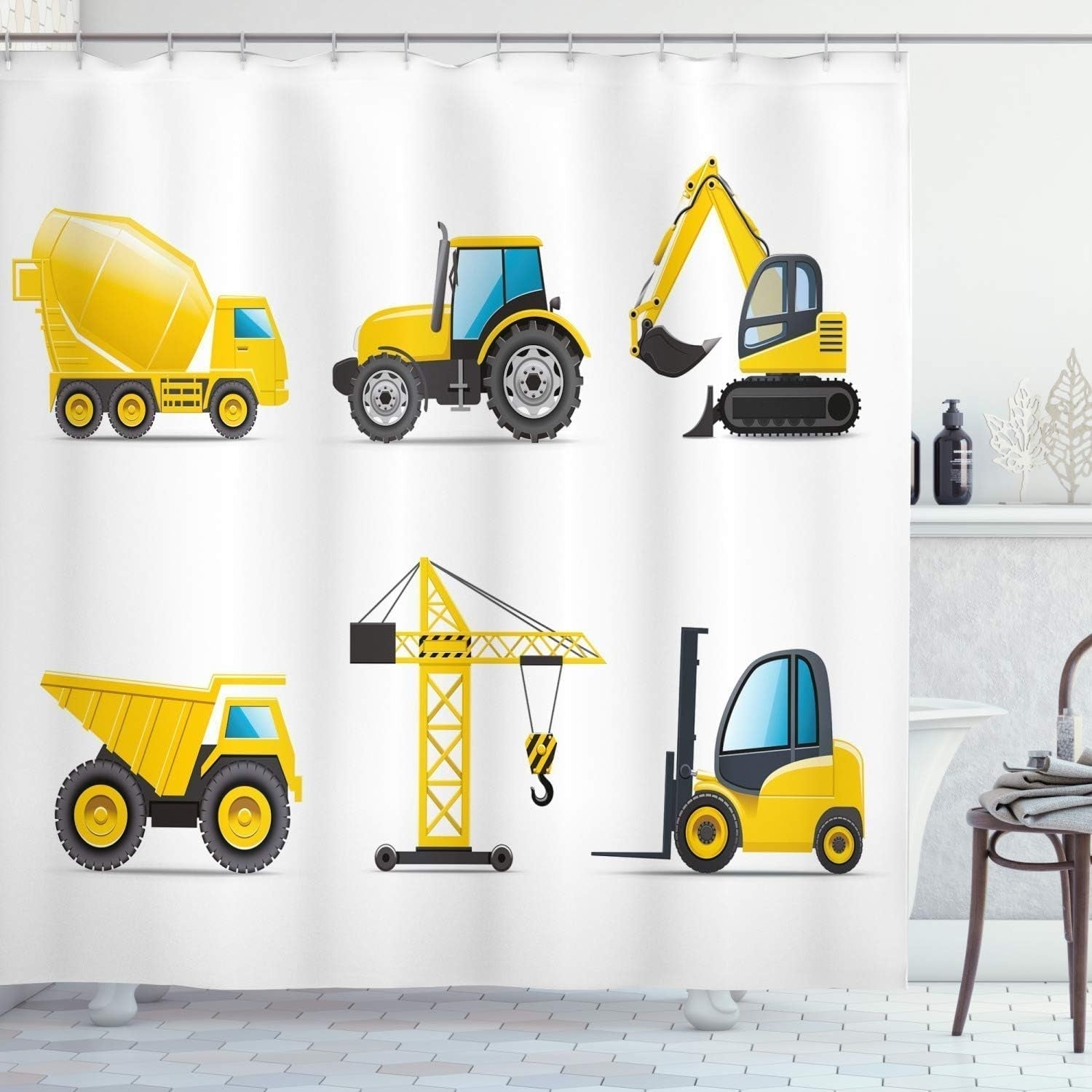 Cartoon Shower Curtain, Style Heavy Machinery Truck Crane Digger Mixer Tractor Construction, Cloth Fabric Bathroom Decor Set with Hooks, 69" W X 75" L, Yellow and Grey