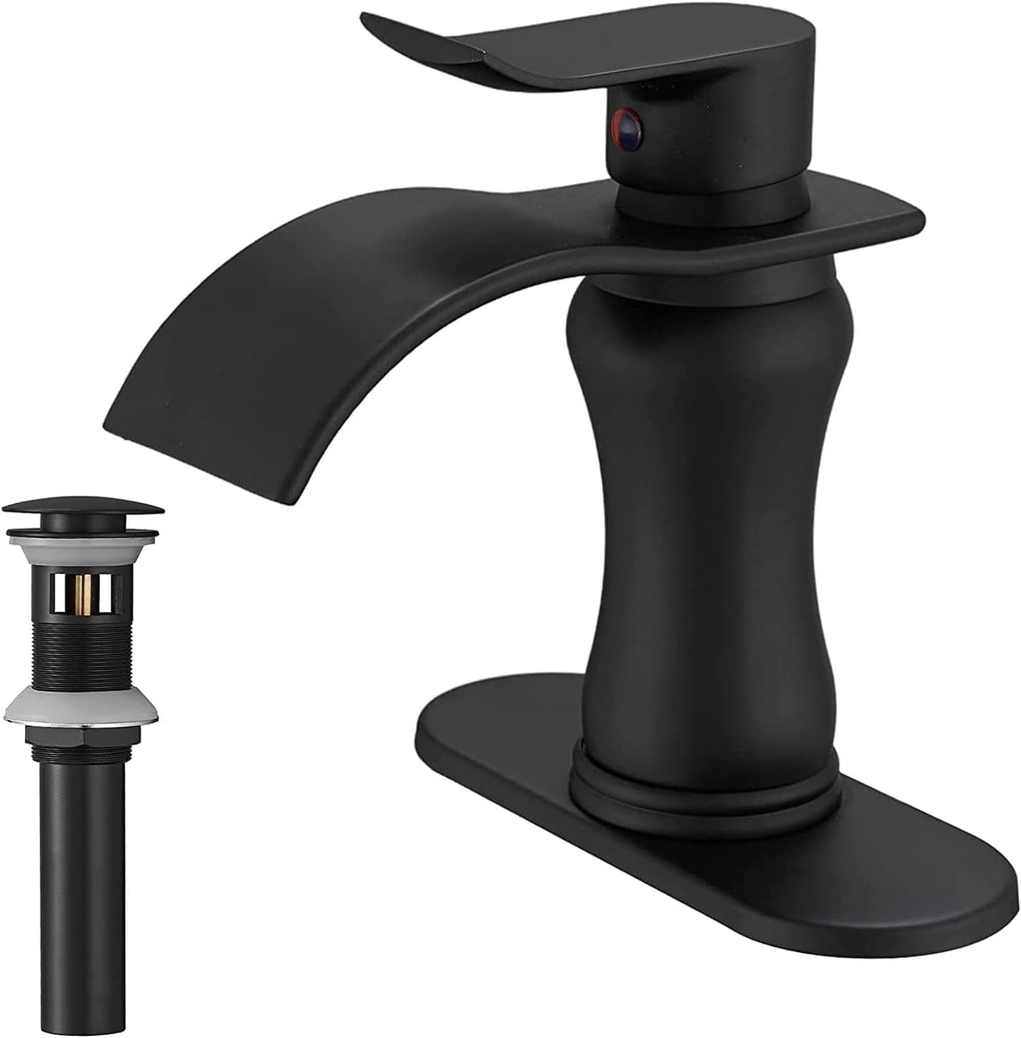 Black Bathroom Faucet Waterfall Sink Bath Faucets Parts Flat Spout Pop up Drain Stopper Matte Black Farmhouse Vanity Commercial Single Handle Single Hole Lavatory Supply Hose Lead-Free by