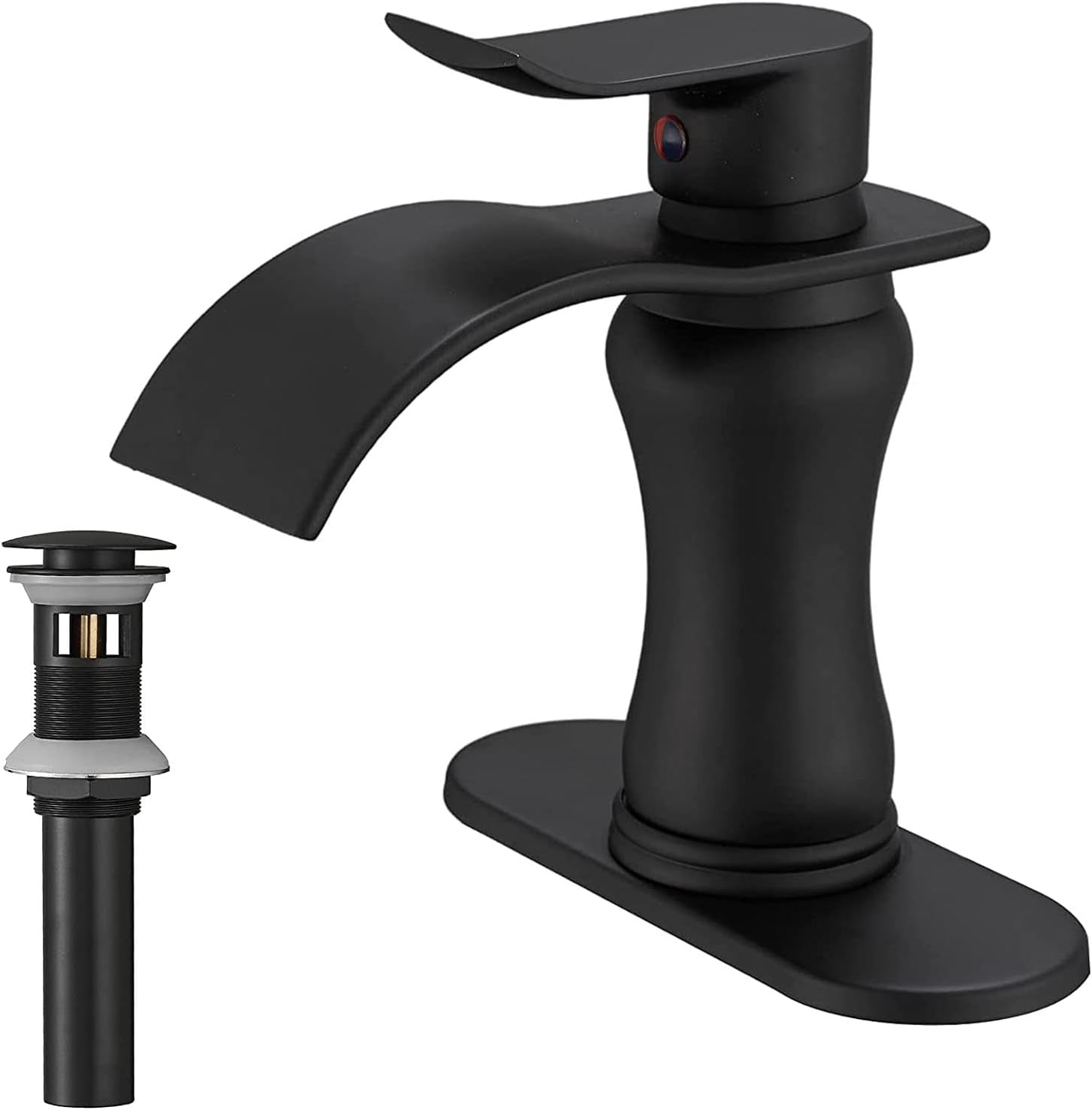 Black Bathroom Faucet Waterfall Sink Bath Faucets Parts Flat Spout Pop up Drain Stopper Matte Black Farmhouse Vanity Commercial Single Handle Single Hole Lavatory Supply Hose Lead-Free by