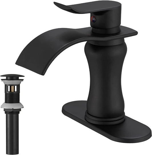Black Bathroom Faucet Waterfall Sink Bath Faucets Parts Flat Spout Pop up Drain Stopper Matte Black Farmhouse Vanity Commercial Single Handle Single Hole Lavatory Supply Hose Lead-Free by