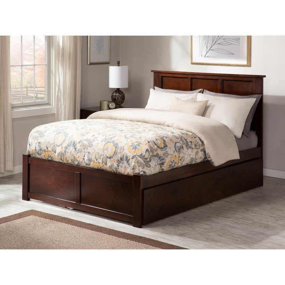 Madison Walnut Full Platform Bed with Flat Panel Foot Board and Twin Size Urban Trundle Bed