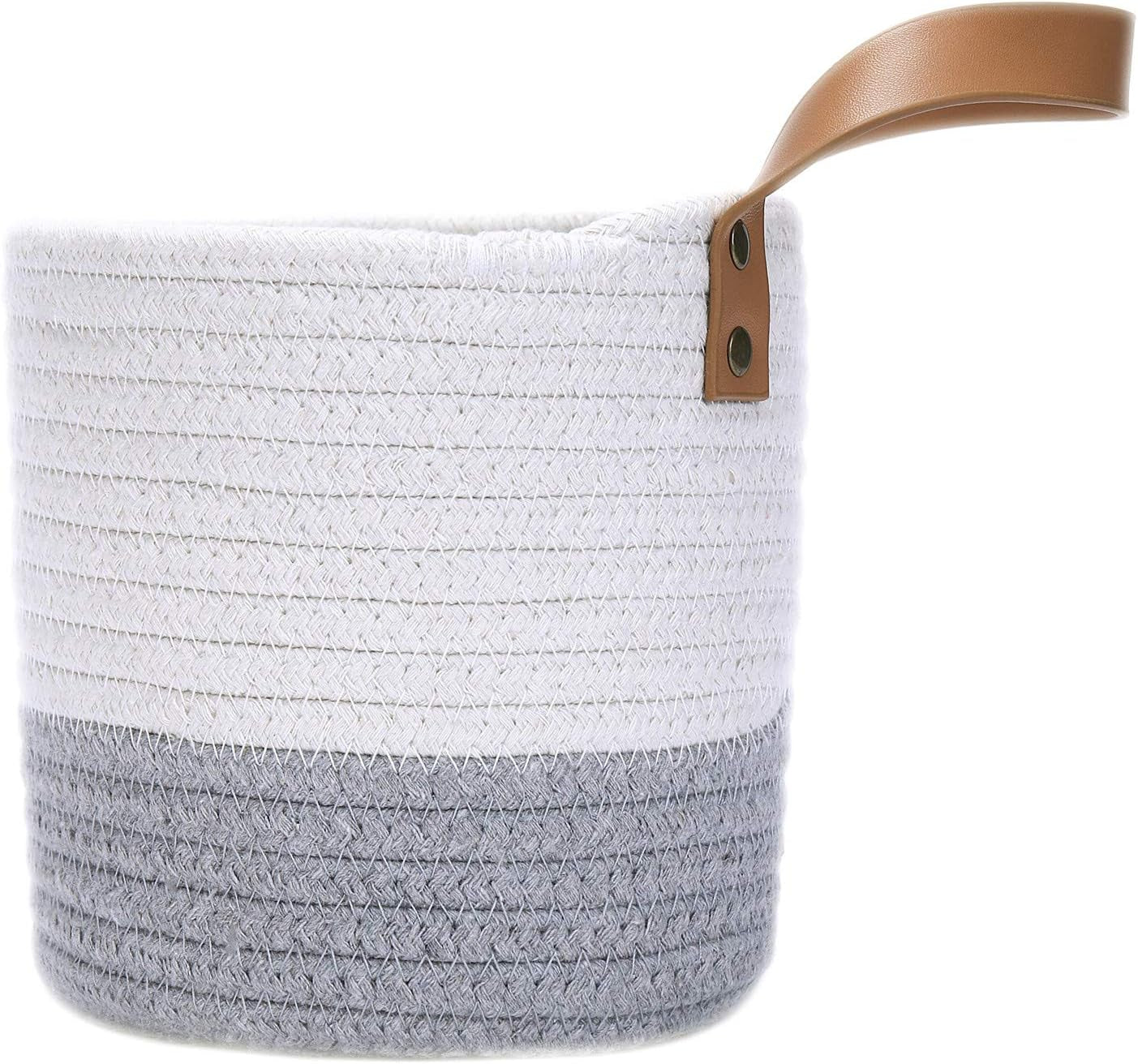 2Pack Small Hanging Basket-Cotton Rope Wall Basket with Handle, Hanging Storage Baskets, Shelf Baskets Storage Bin Closet Organizer 6"×6.3", Woven Plant Basket - (White & Grey)