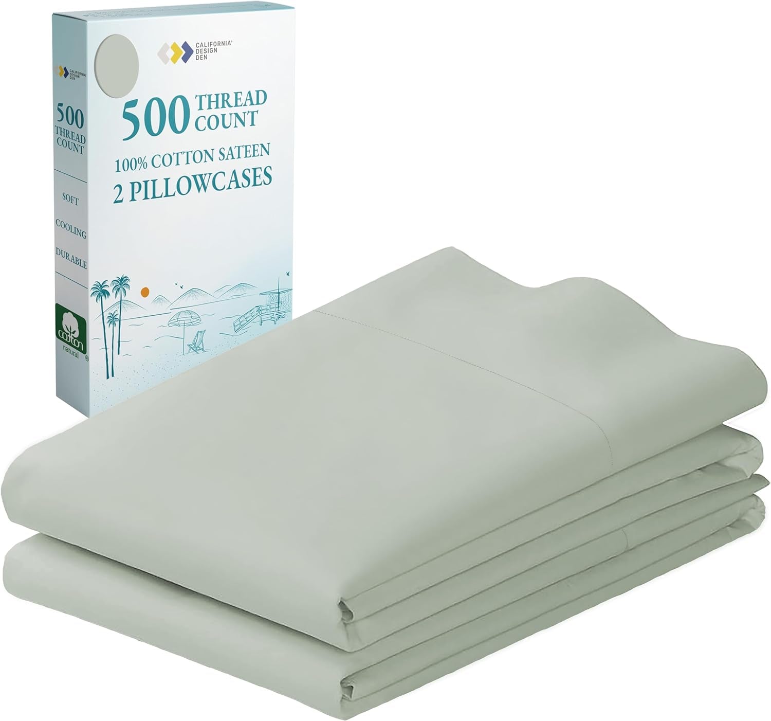 Soft & Silky 500 Thread Count 100% Cotton Sateen, Cool & Smooth with a Classic Opening, Set of 2 King Pillow Cases (Solid - Silver Sage)