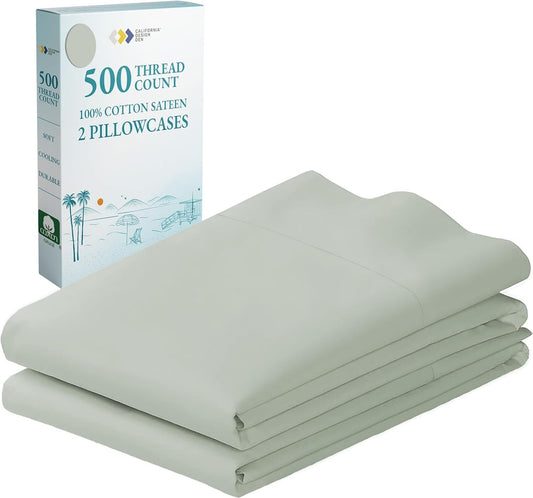 Soft & Silky 500 Thread Count 100% Cotton Sateen, Cool & Smooth with a Classic Opening, Set of 2 King Pillow Cases (Solid - Silver Sage)