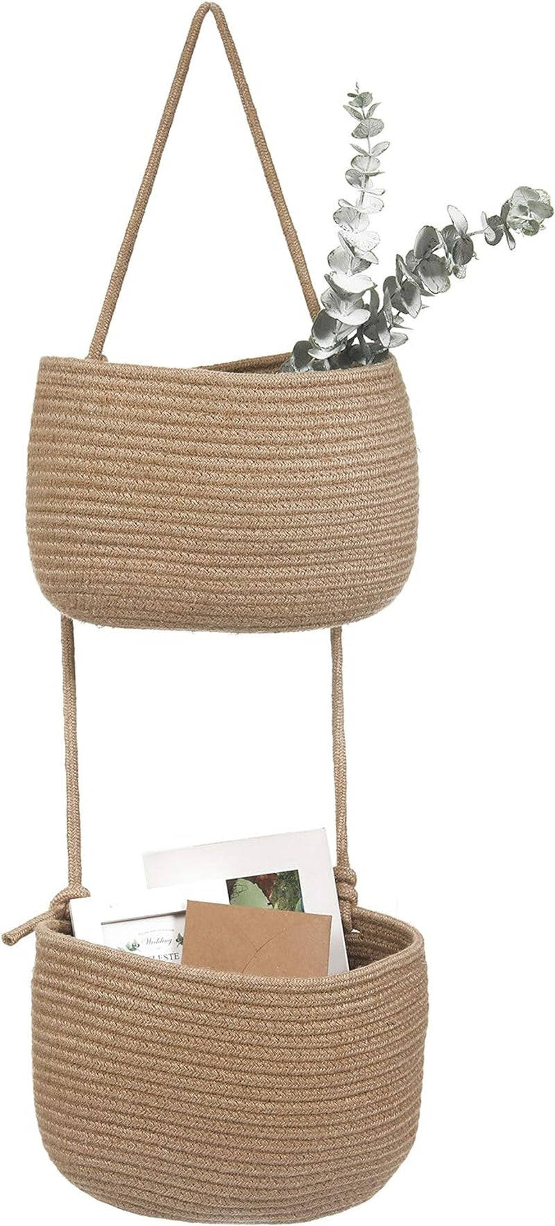 Over the Door Hanging Basket, 2 Tier Cotton Rope Woven Wall Basket, Magazine Racks Hanging Organizer, Decorative Hanging Storage Baskets for Organizing Living Room, Bathroom and Bedroom (Jute)
