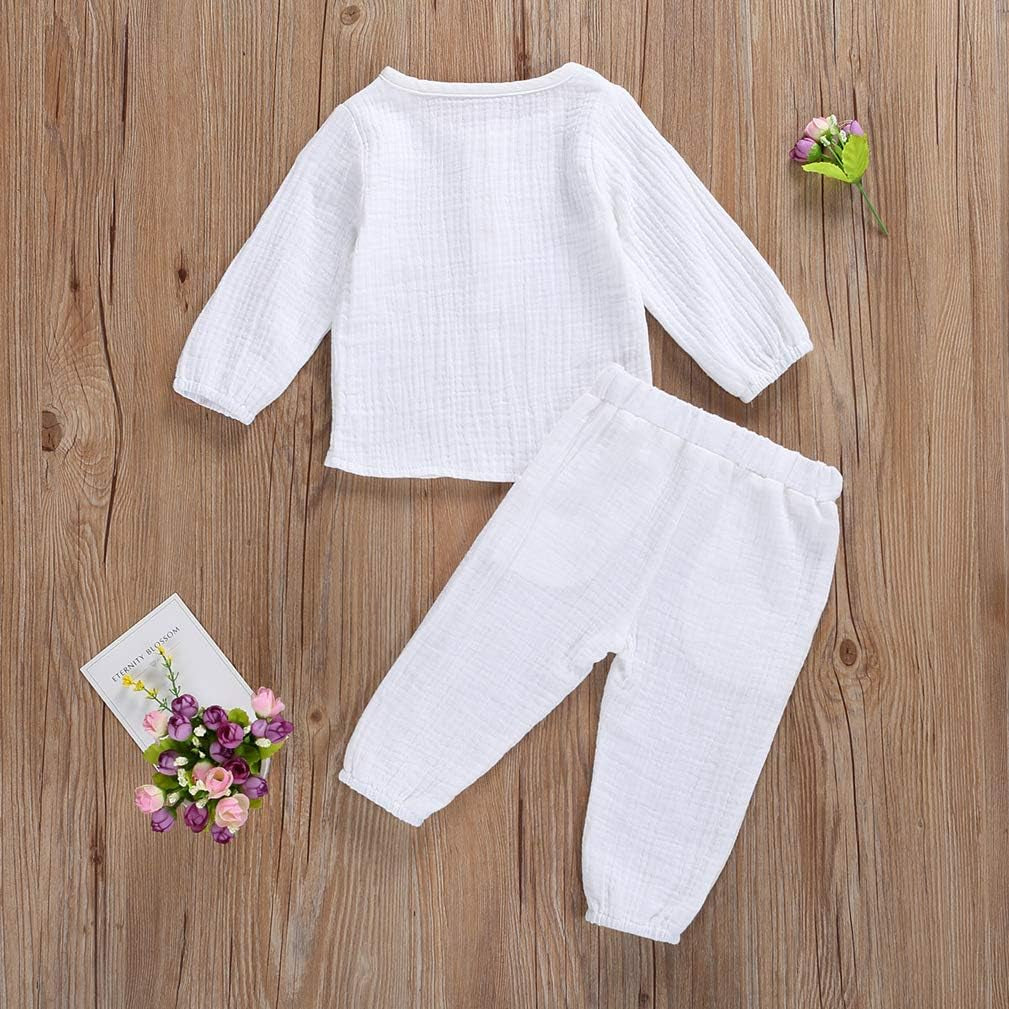 Toddler Baby Boy Girl Cotton Linen Pants Set Solid Long Sleeve T Shirt Top Drawstring Elastic Waist Pants Outfit