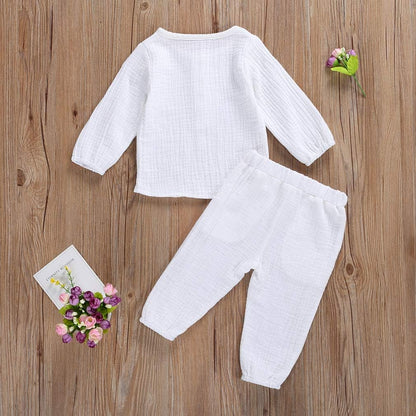 Toddler Baby Boy Girl Cotton Linen Pants Set Solid Long Sleeve T Shirt Top Drawstring Elastic Waist Pants Outfit