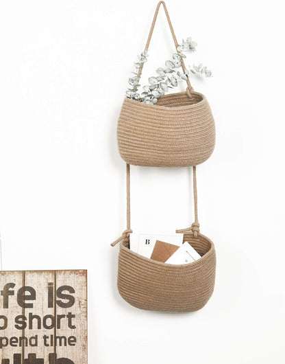 Over the Door Hanging Basket, 2 Tier Cotton Rope Woven Wall Basket, Magazine Racks Hanging Organizer, Decorative Hanging Storage Baskets for Organizing Living Room, Bathroom and Bedroom (Jute)