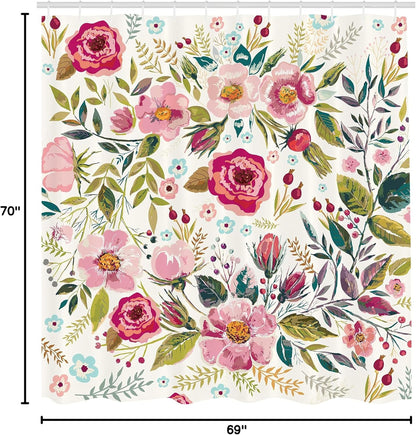 Floral Shower Curtain, Shabby Form Flowers Roses Petals Dots Leaves Buds Spring Season Theme Image, Cloth Fabric Bathroom Decor Set with Hooks, 69" W X 70" L, Magenta