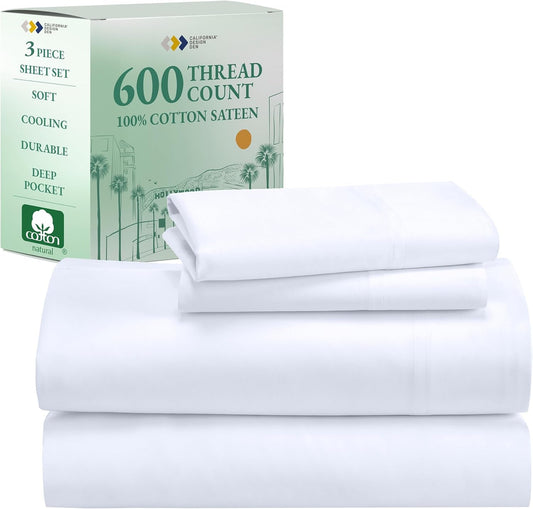 Luxury Twin XL Sheet Set - 100% Cotton, 600 Thread Count Deep Pocket XL Twin Sheets, Soft Hotel-Quality Bedding with Sateen Weave - Bright White