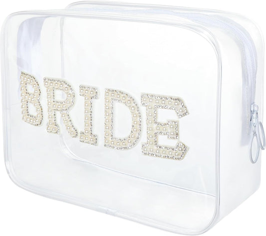 Bride Clear Makeup Bag, PVC Cosmetic Bag Pearl Rhinestone Patch Bride Toiletry Bag Makeup Pouch with Zipper Bridal Shower Gift